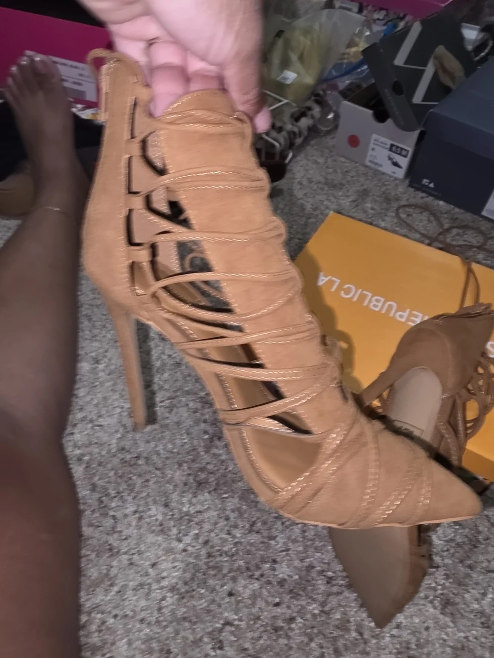 Shoe Republic LA Women's Tan Lace-Up Pointed Toe Heels